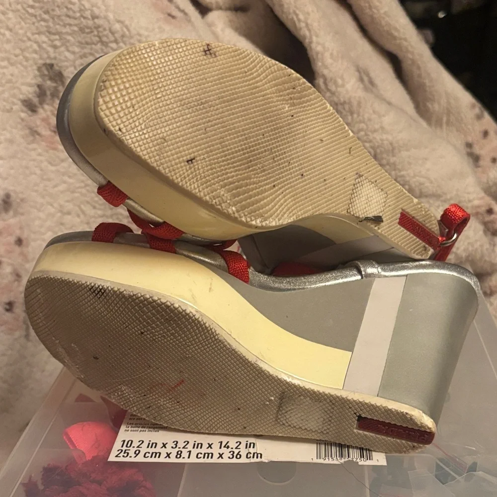 Retired style, 
Prada Red and Silver T-Strap Platform Sandals - Picture 4 of 10